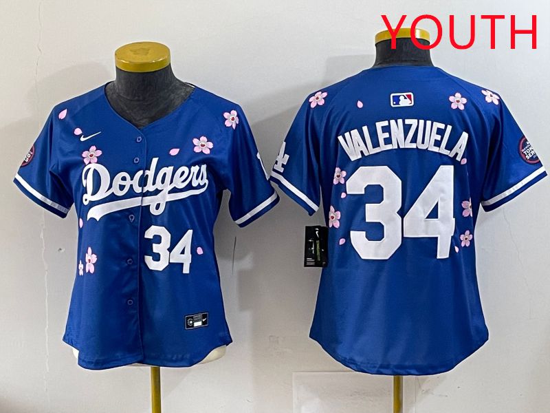 Youth Los Angeles Dodgers 34 Valenzuela Blue Sakura Edition 2025 Nike MLB Jersey style 33